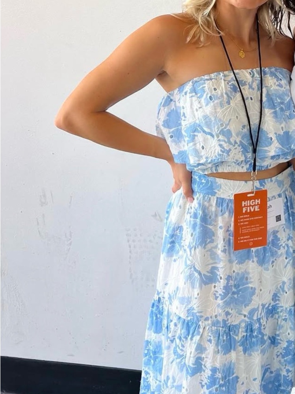 vestique Blue and White Floral Strapless Crop Top and Skirt Set
